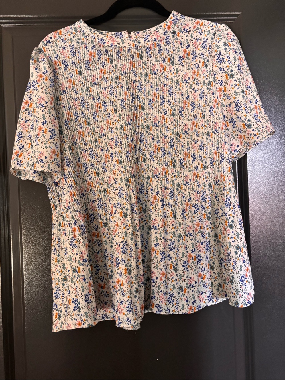 Adrianna Papell White Floral Short Sleeve Top with Blue, Pink & Orange Accents